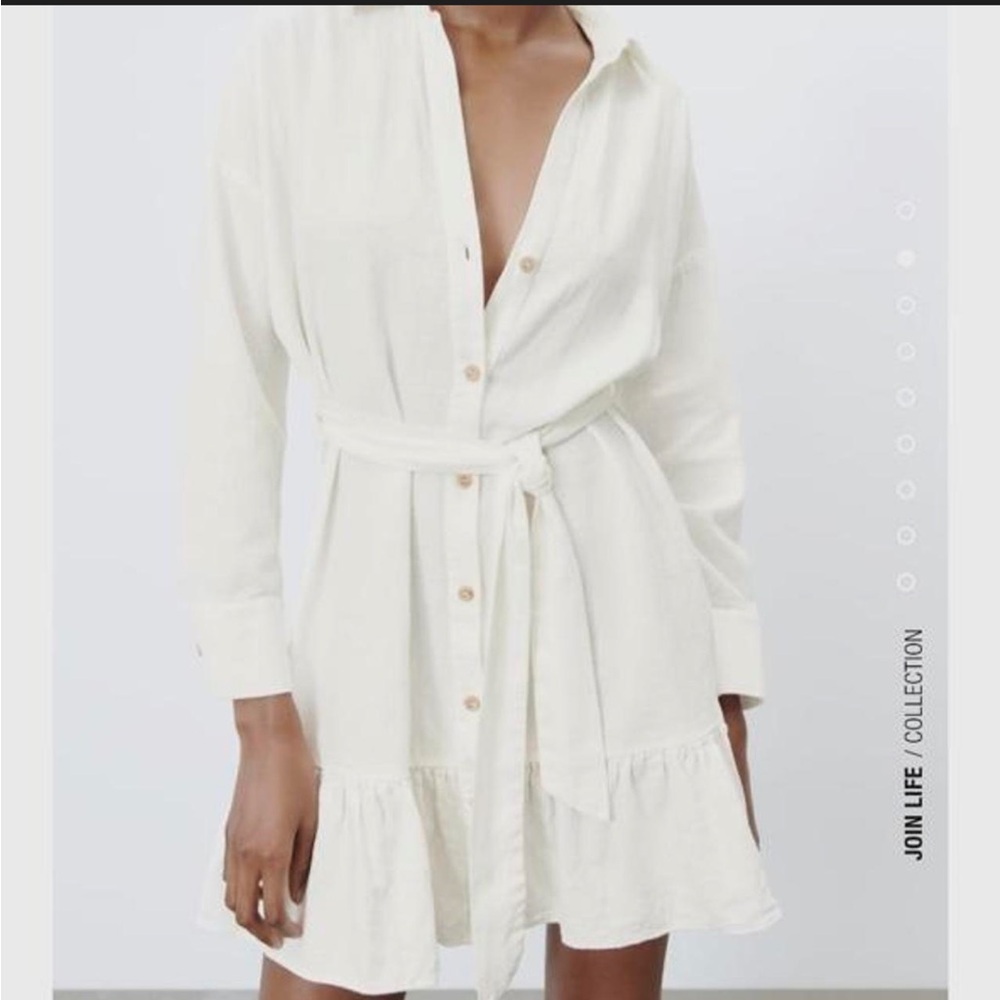 NWT Zara Ivory/white Linen Blend Belted Button Front Long Sleeve Mini Dress -M